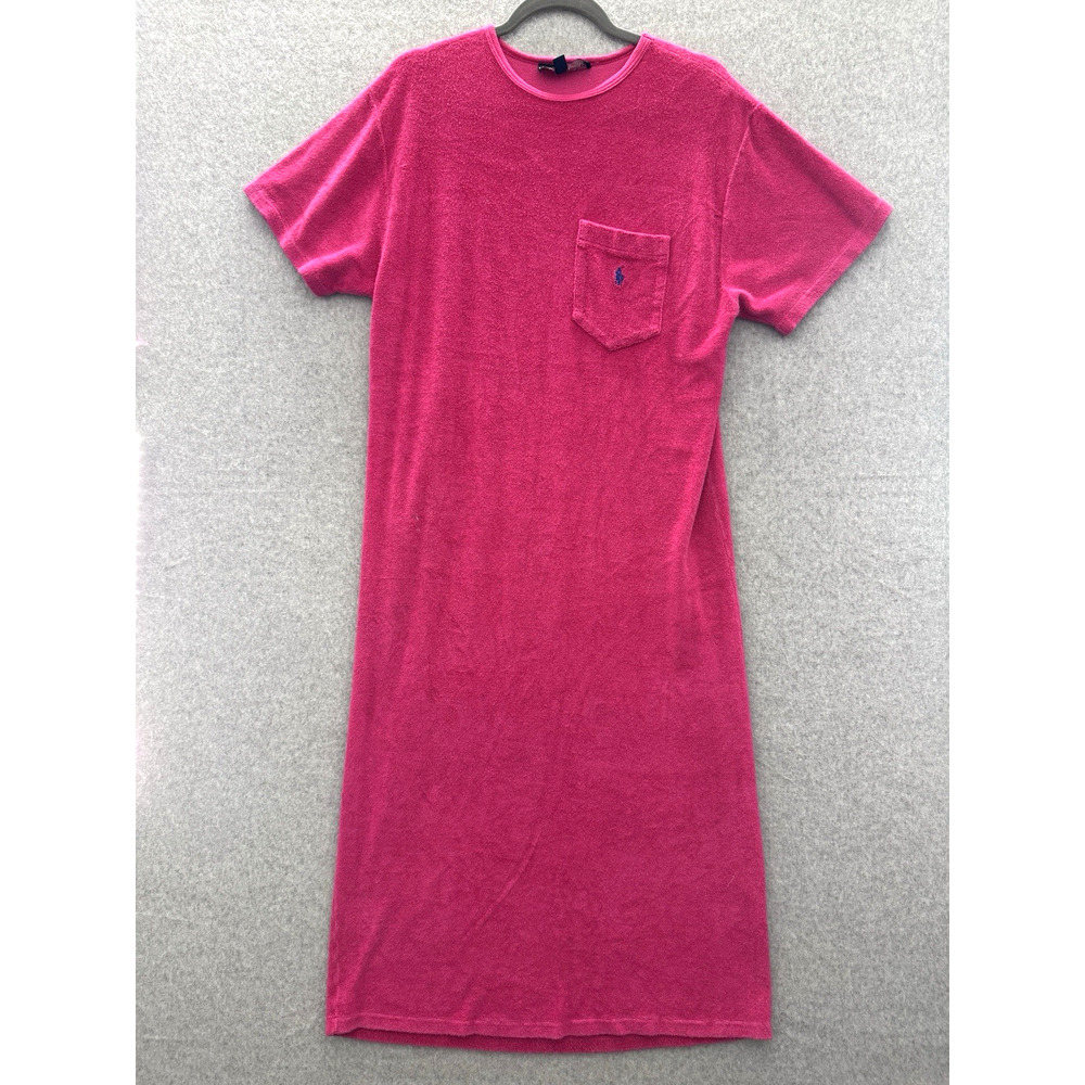 VTG Ralph Lauren Terry Cloth Pocket Maxi Dress Sz L Pink Beach Sport Preppy RARE
